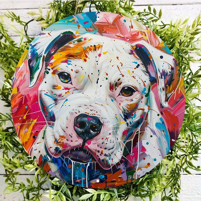 

Abstract White Pitbull Dog Head Aluminum Metal Sign, Round Wall Decor, Waterproof and Weather Resistant, Outdoor Art