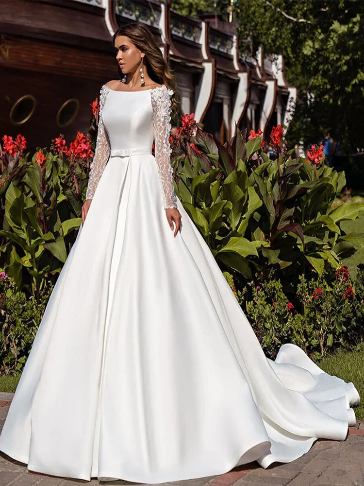 

Long Sleeves Wedding Dresses Satin Open Back A-Line Dubai Wedding Gown With Belt Women Long Bridal Dress Vestidos De Novia 2024