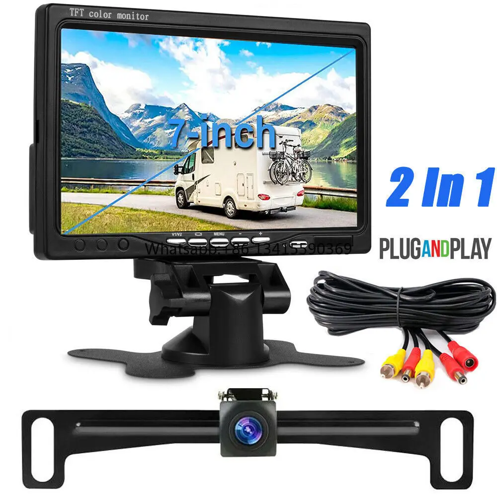 

7-Inch Two-Channel Video Input Car Desktop Monitor Display License Plate Holder Backup Rearview Camera Reversing Split Screen