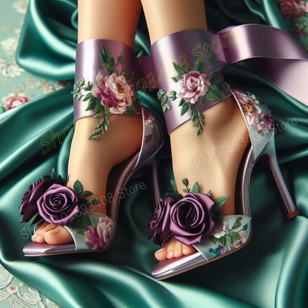 Purple Satin Rose Flowers Elegant Sandals Open Toe Stiletto High Heel Party Fashion Sexy Women Shoes 2024 Zapatos Para Mujere