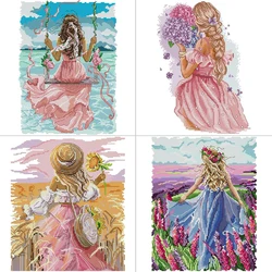 Girl's Back View Series DIY Character Pattern Cross Stitch Kit 14 16 11CT White Canvas Stamped Fabric Needlework Embroidery Kits