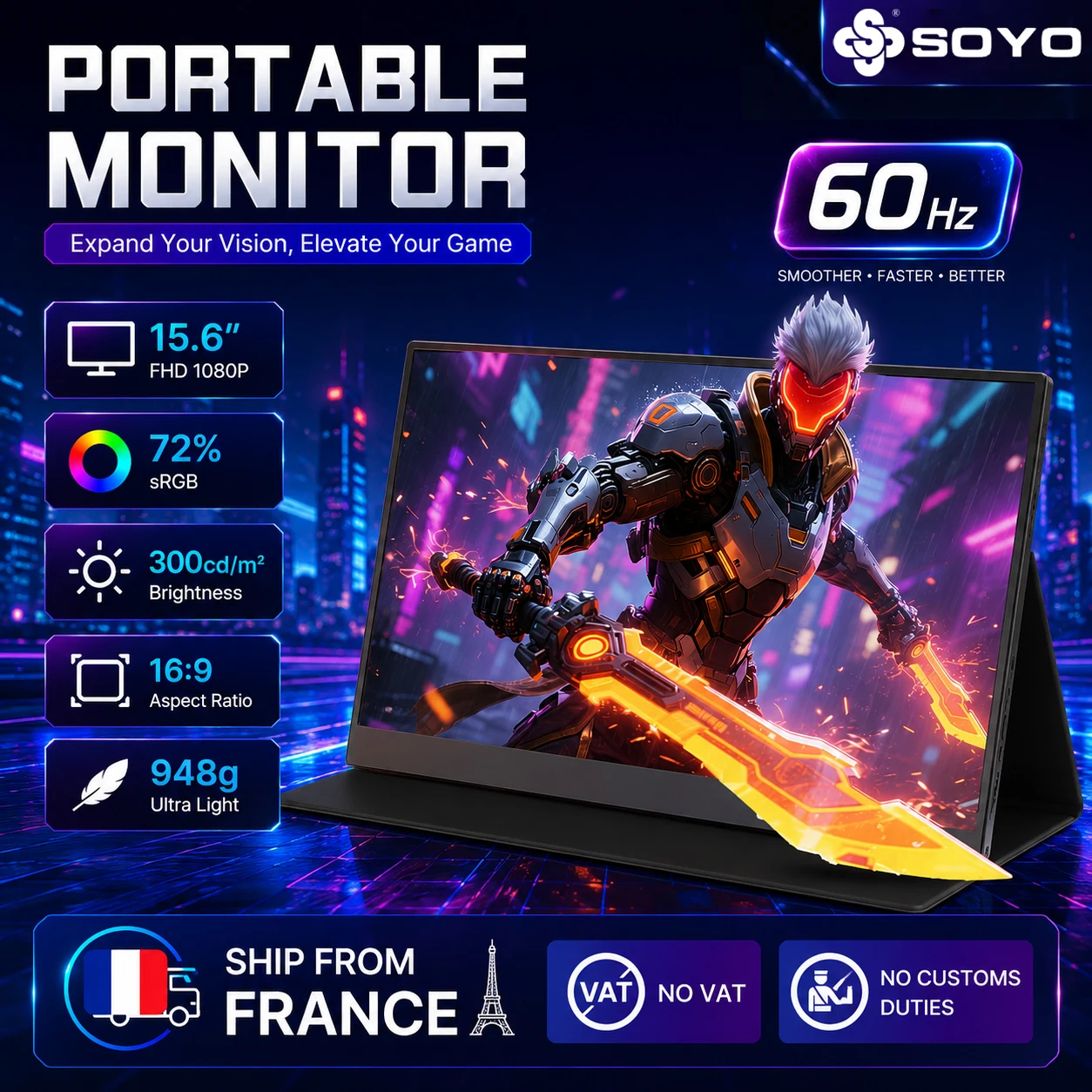Moniteur portable SOYO SY15FN60 15,6'' FHD 1080P ultra-fin avec étui, écran IPS pour téléphone, Xbox, PS5 - USB-C et HDMI