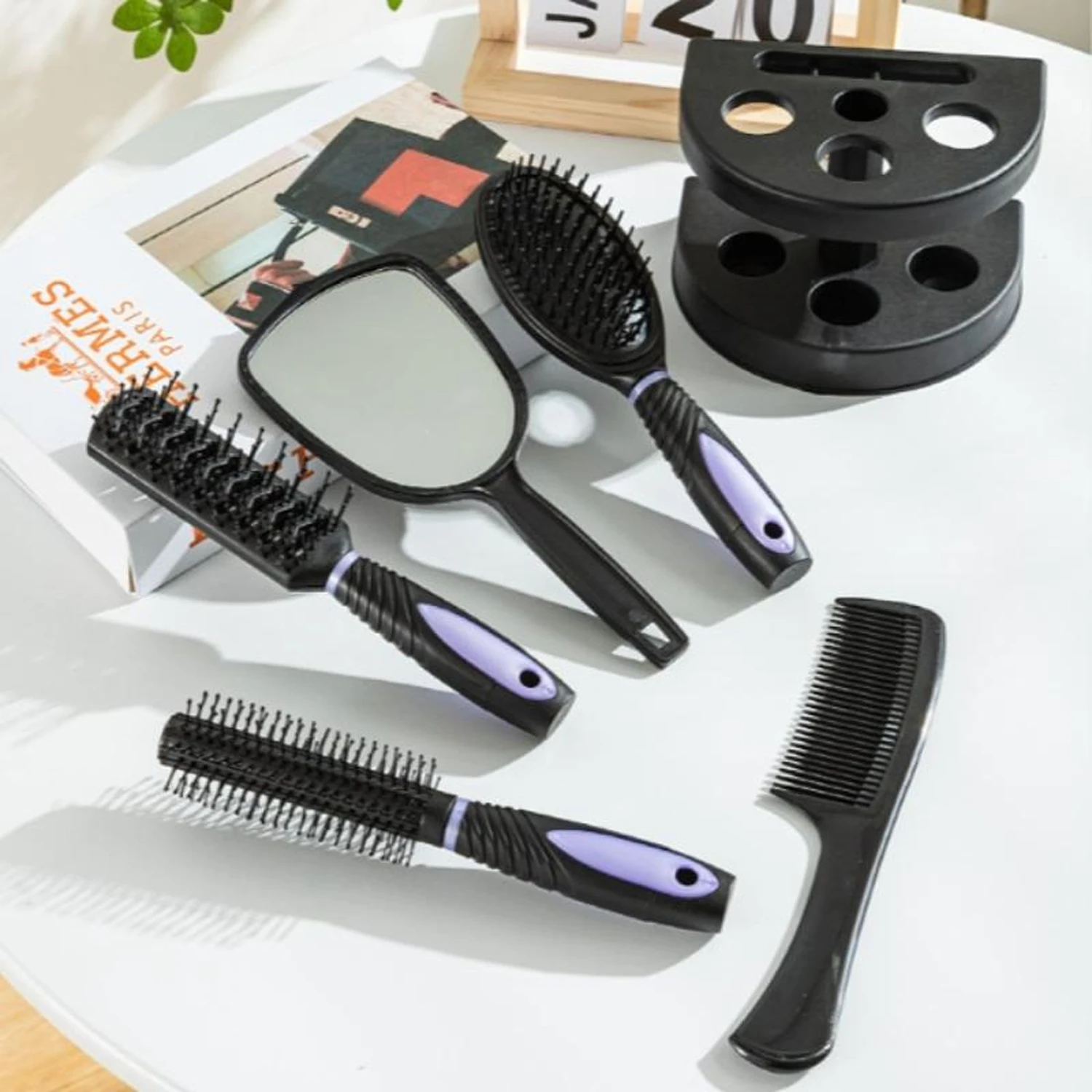 5-Pack PP Storage Stand Women Travel Makeup Massage Hair Portable Anti-Static Combs Mirror Tool Women and Men Salon Styling Set