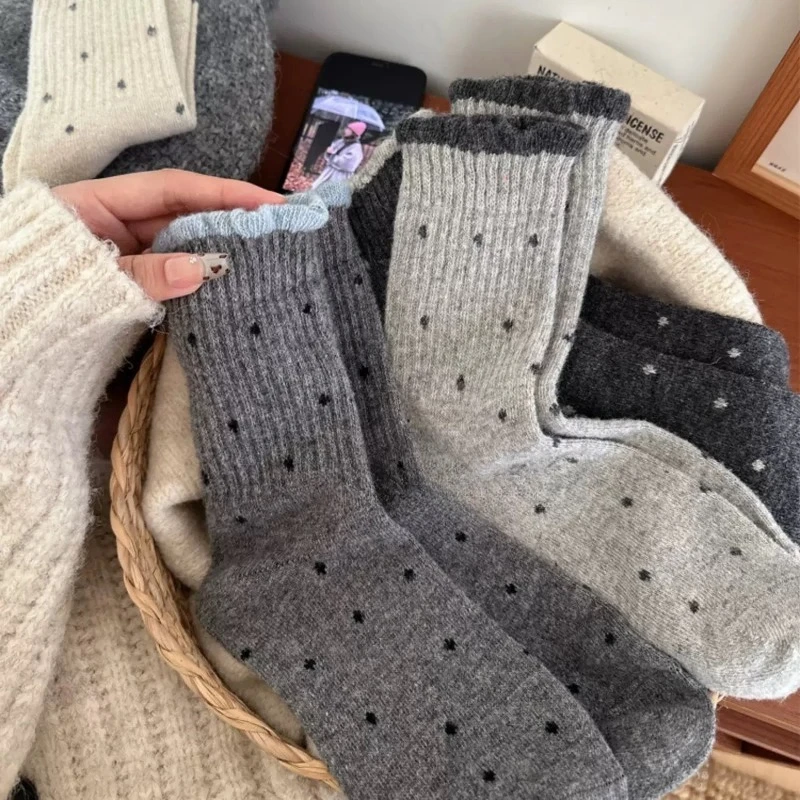 

5 пар женских носков средней длины 2026 Dot, толстые и теплые, серые, весенне-осенние, с оборками, повседневные, термо, в стиле кокетка, чулочно-носочные изделия