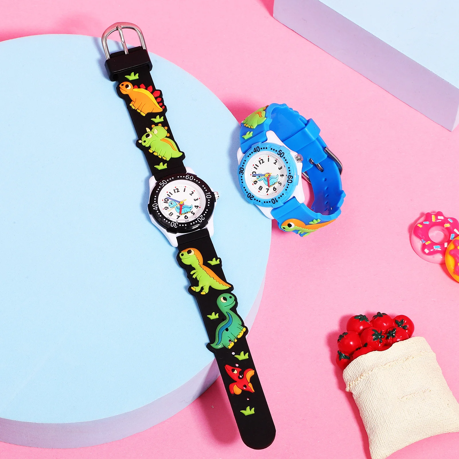2 pcs Waterproof Watches 3D Dinosaur Cartoon Design Time Learning Watch For Pvc Strap Adjustable Quartz Watch For