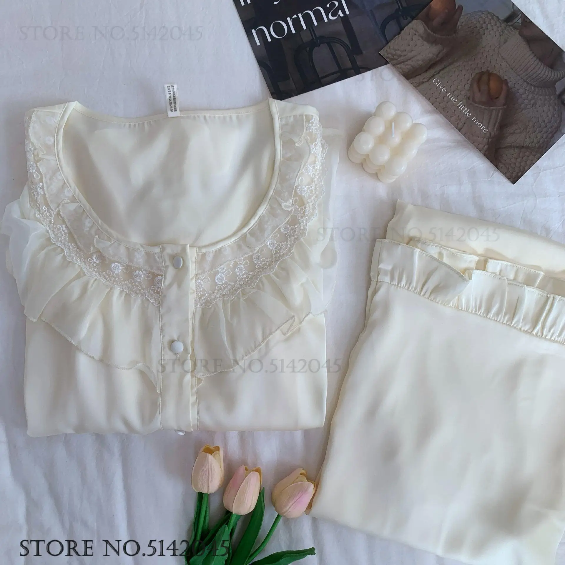 2PCS Pajamas Set Women\'s Sleepwear French Romantic Ruffled Lace Long Sleeve Trouser Suits Home Clothing Silk Satin Loungewear