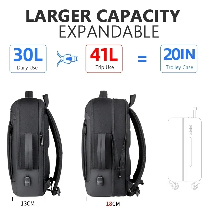 Laptop Backpack Men Expandable Waterproof Bag Black Notebook 16 17 Inch Charging Men\\\'s  Business Multifunction Work Backpacks