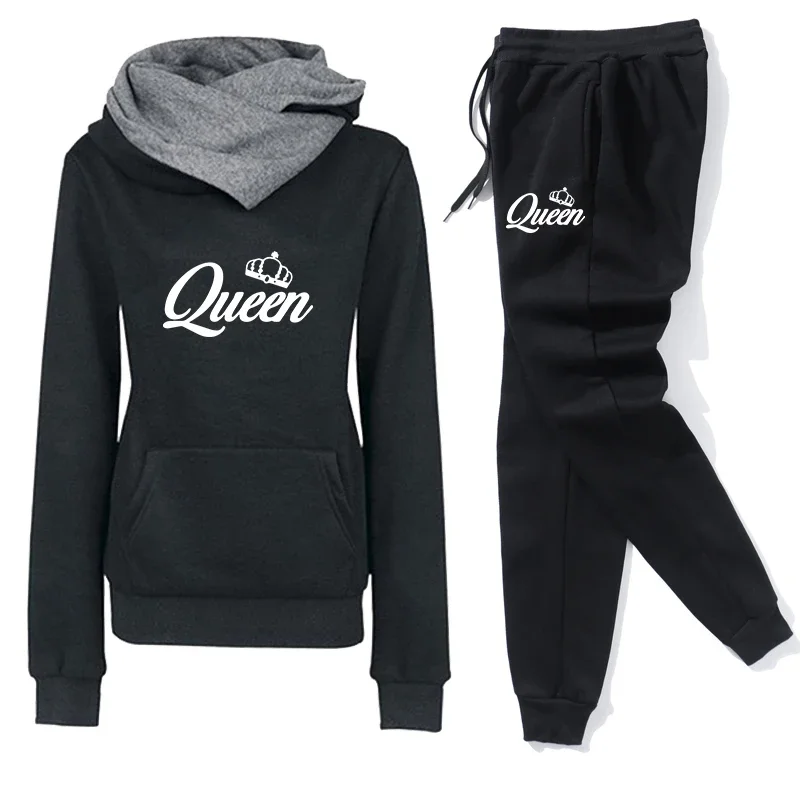 Autumn Winter Popular Womens Tracksuit Warm Hooded Sweatshirts+Jogging Pants 2 Piece Set Queen Printing Outfits Casual Clothing