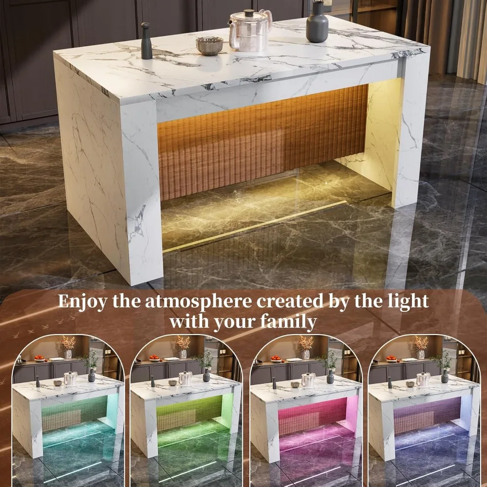 Rectangular Faux Marble Dining Table, 63 Island with LED Lighting, Seats 4-6, Modern Marble Striped Kitchen Dining