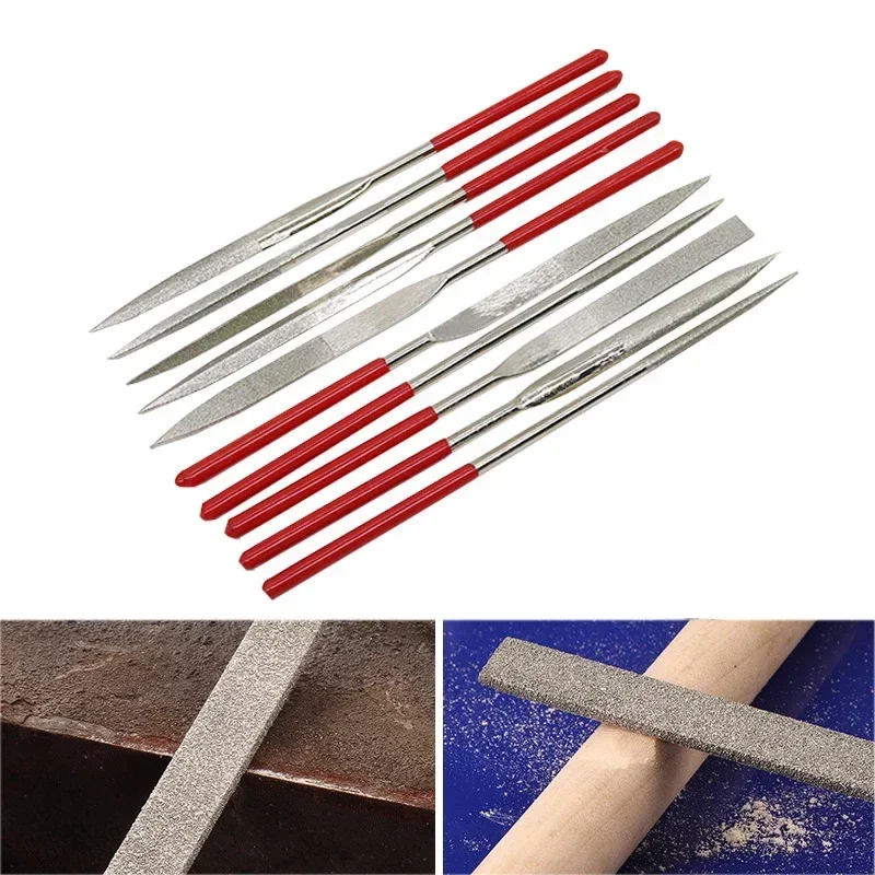 

10pcs/set Diamond Files for Metal Jeweler Stone Polishing Wood Carving Craft Double-cut Electroplating Alloy Hand Tools 3x140mm