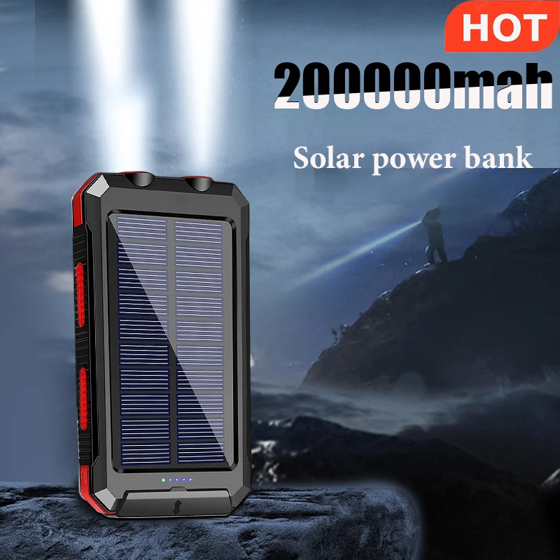 

200000mAh Outdoor Solar Power Bank Wild Fishing Camping Portable Large Capacity Backup Power with Compass Supply Fast Charging