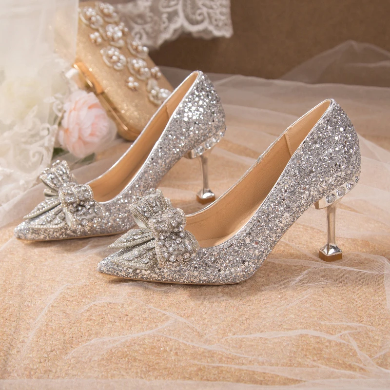 Fad Crystal High Heels Shoes Sweet Bow Mary Jane Sandals Women 2024 New Autumn Sexy Dress Party Pumps Shallow Lolita Mujer Shoes