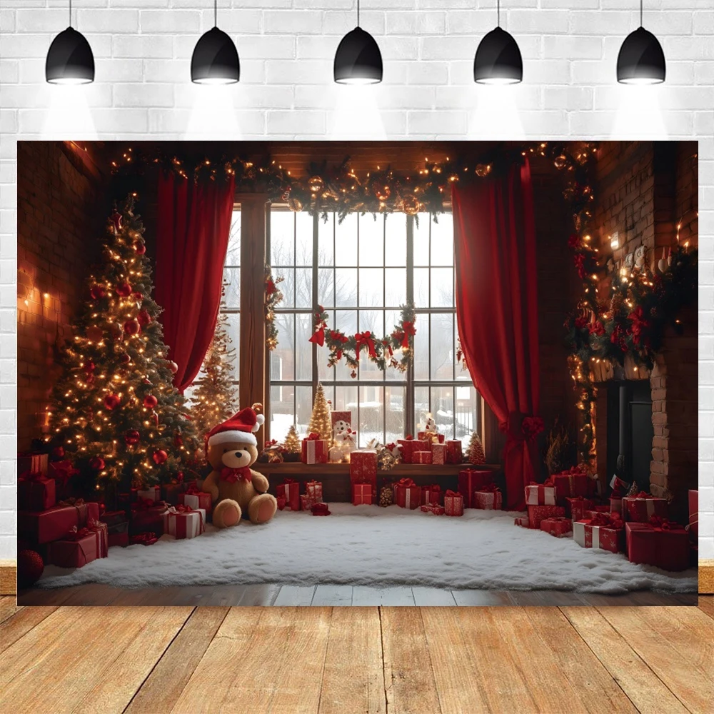 Merry Christmas Photography Backdrop Retro Palace Wooden Shelf Teddy Bear Gifts Xmas Tree Background Kids Family Portrait Prors