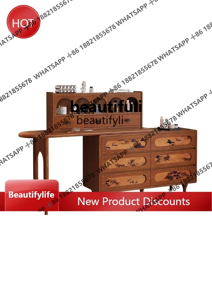 Ash Wood Solid Wood Dressing Table with New Retro Bedroom Retractable Makeup Table