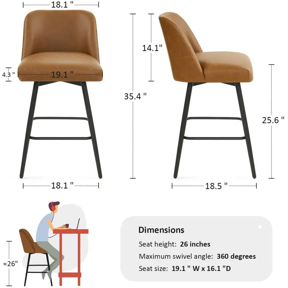 

Counter Height Bar Stools Set of 2,Upholstered Morden Kitchen Barstools with High Backs,26 H Seat Height,Faux Leather Faux Leat