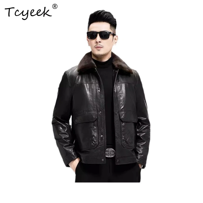 

Tcyeek Cowskin Autumn Winter Lapel Detachable Gold Wool Black Short Men's Genuine Leather Jacket Jaqueta De Couro Masculina