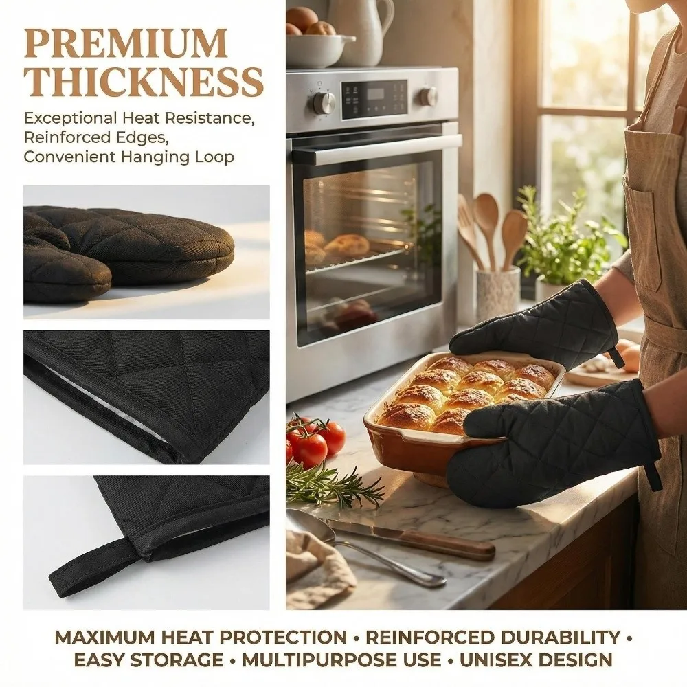 Quilted Cotton Oven Mitts Heat Resistant Non-Slip Microwave Oven Gloves Hanging Anti-Scalding BBQ Baking Gloves Outdoor