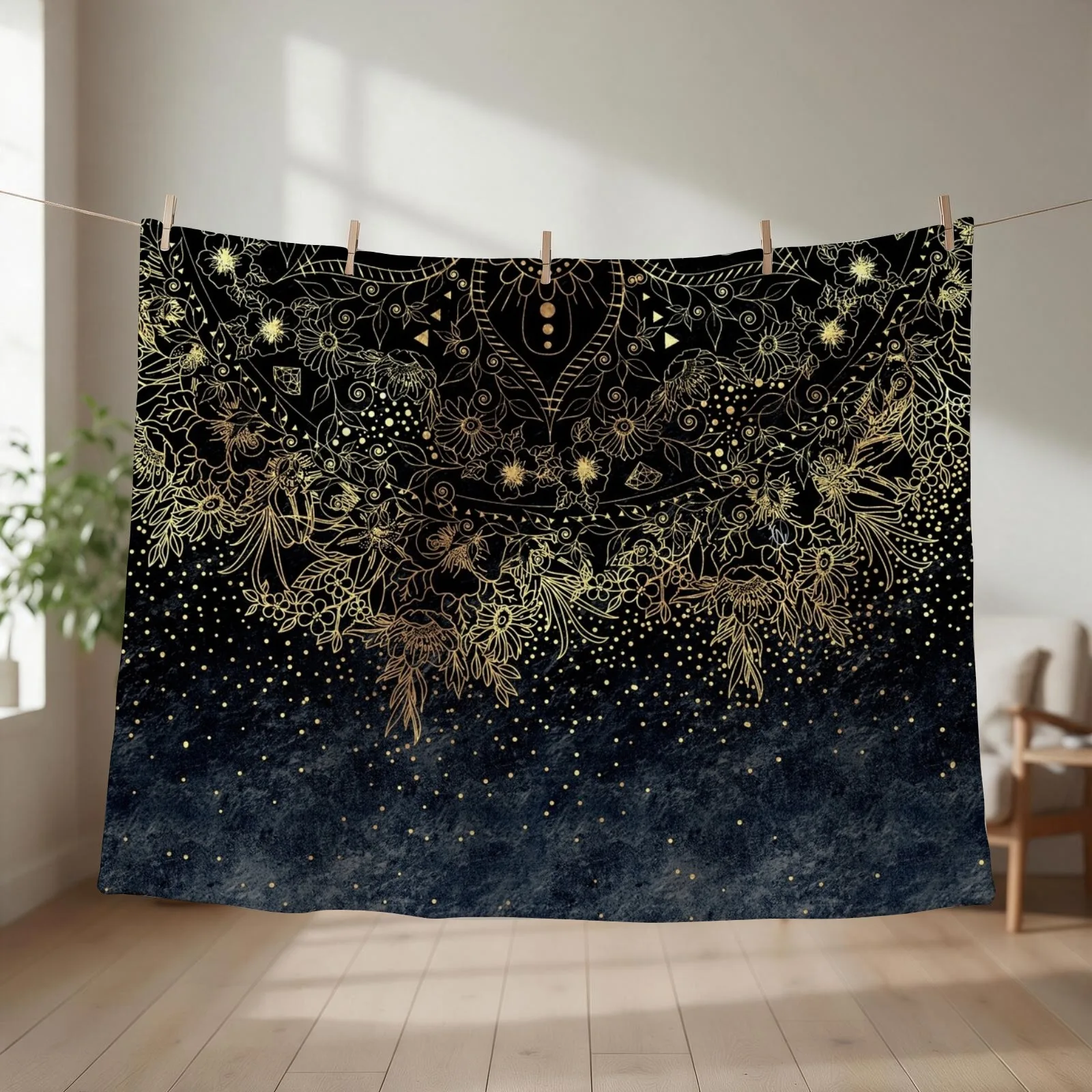 Stylish Gold floral mandala and confetti Throw Blanket Summer Flannel Fabric Soft Big Stuffeds Blankets