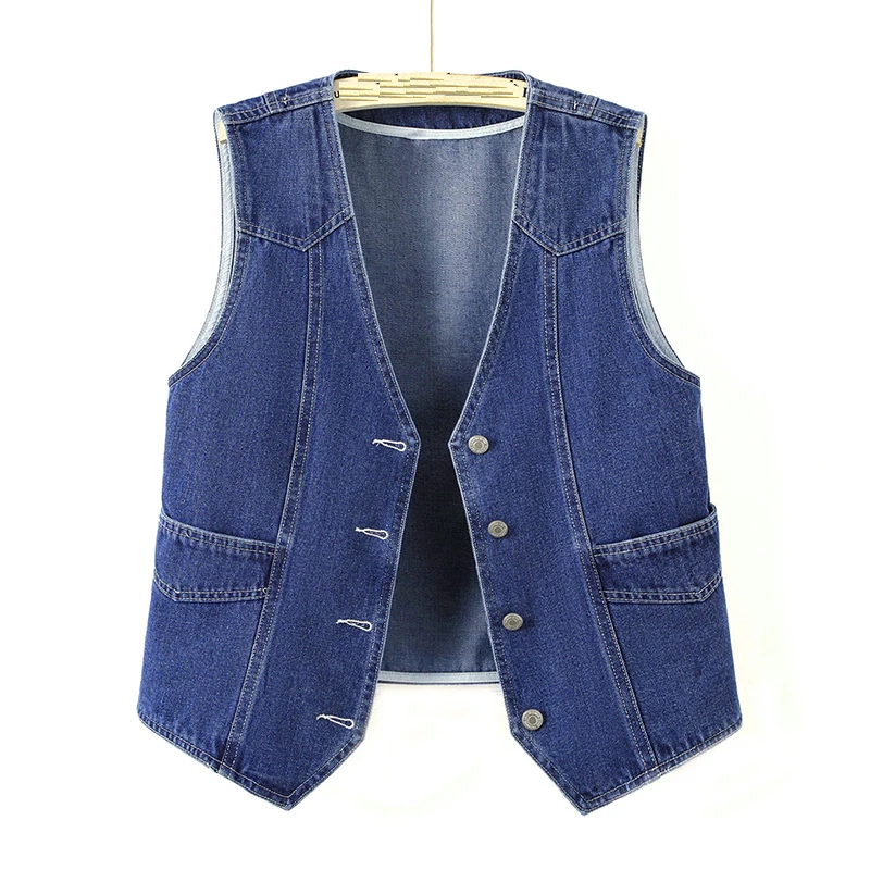 Spring Autumn Retro V-neck Cowboy Vest Women's New Blue Loose Casual Waist Coat Top S732