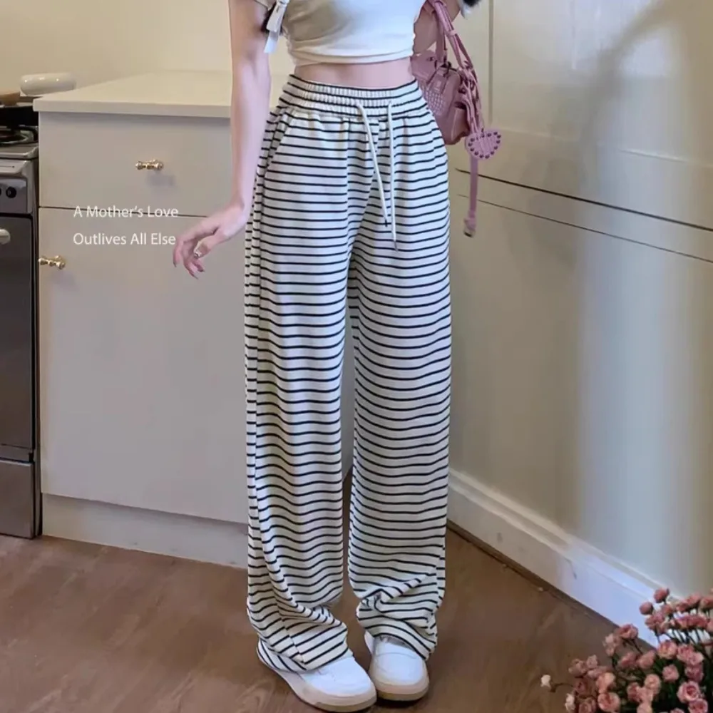Gutashye Women Loose‑silhouette Striped Wide‑leg Trousers Elastic Waist Drape‑swing for Local Saunter Laid‑back Trousers