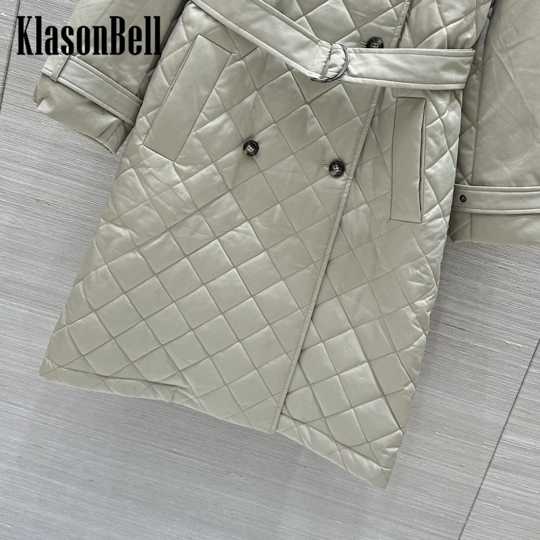 8.11 KlasonBell Women British Style Bead Chain Argyle Plaid Quilted Keep Warm Parkas Lapel Double Breasted Sashes Long Coat