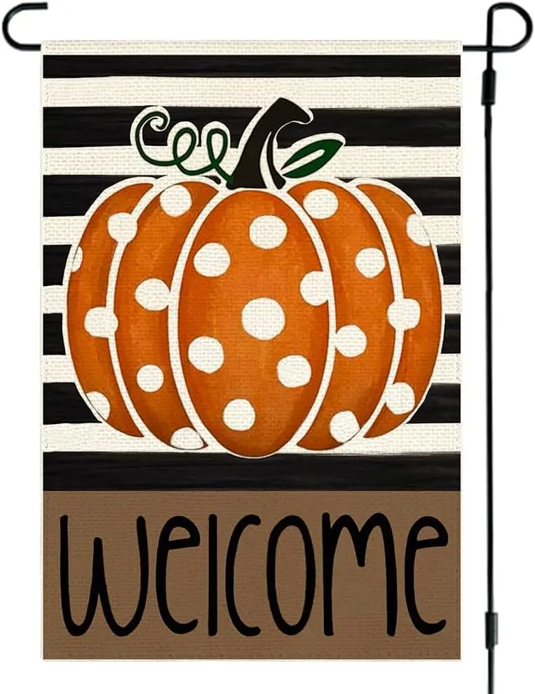 RABUSOFA Fall Welcome Garden Flag 12x18 Inch Double Sided for Outside, Thanksgiving Polka Dot Pumpkin Striped Outdoor Seasonal Y