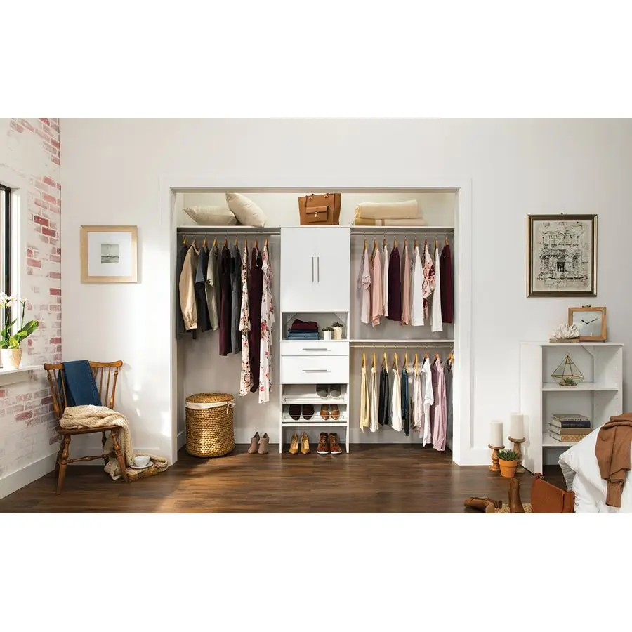 مجموعة أدوات تنظيم الخزانة الخشبية من SuiteSymphony و3 قضبان تعليق، أرفف، قابلة للتعديل، تناسب المساحات 5 10 أقدام. واسعة، بيضاء نقية #5