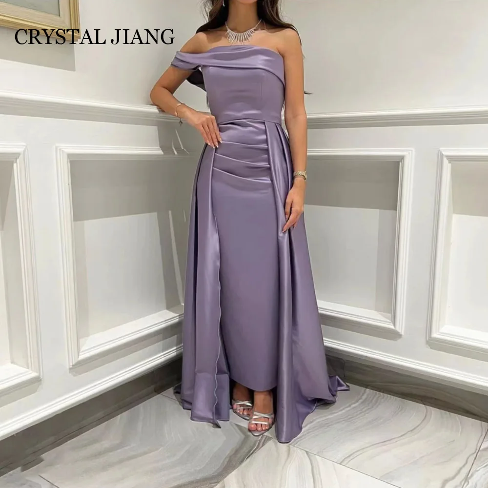 

Classy Long Purple One Shoulder Satin Evening Dresses Short Sleeves Sheath Ankle Length Sweep Train فساتين سهره فاخره 2023