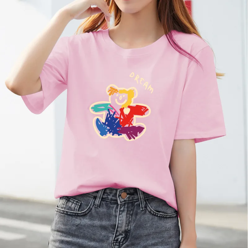 YB50-Camiseta 100% de algodón para mujer, camiseta de manga corta para mujer, camiseta de Color sólido con cuello redondo para mujer