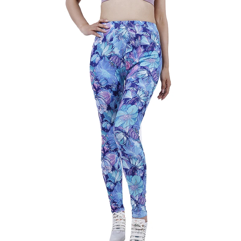 PD319 Blue Petal Flower Leggings Outdoor Sports Cropped Stretch Pants