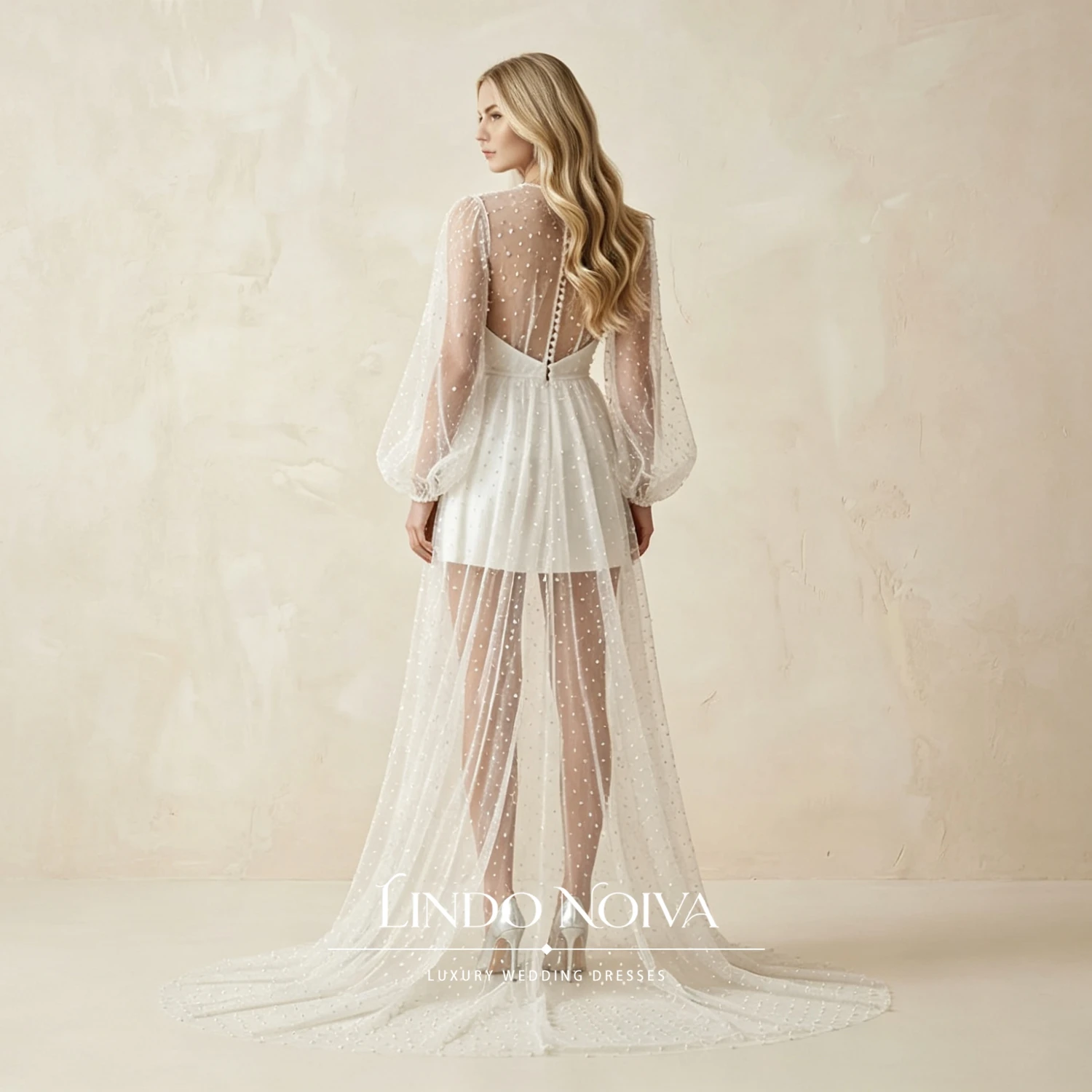 LINDO NOIVA Customized High Neck Illusion Lace Mini Wedding Dress Long Puff Sleeves Bridal Gown Pearl Beaded Vestido De Novia