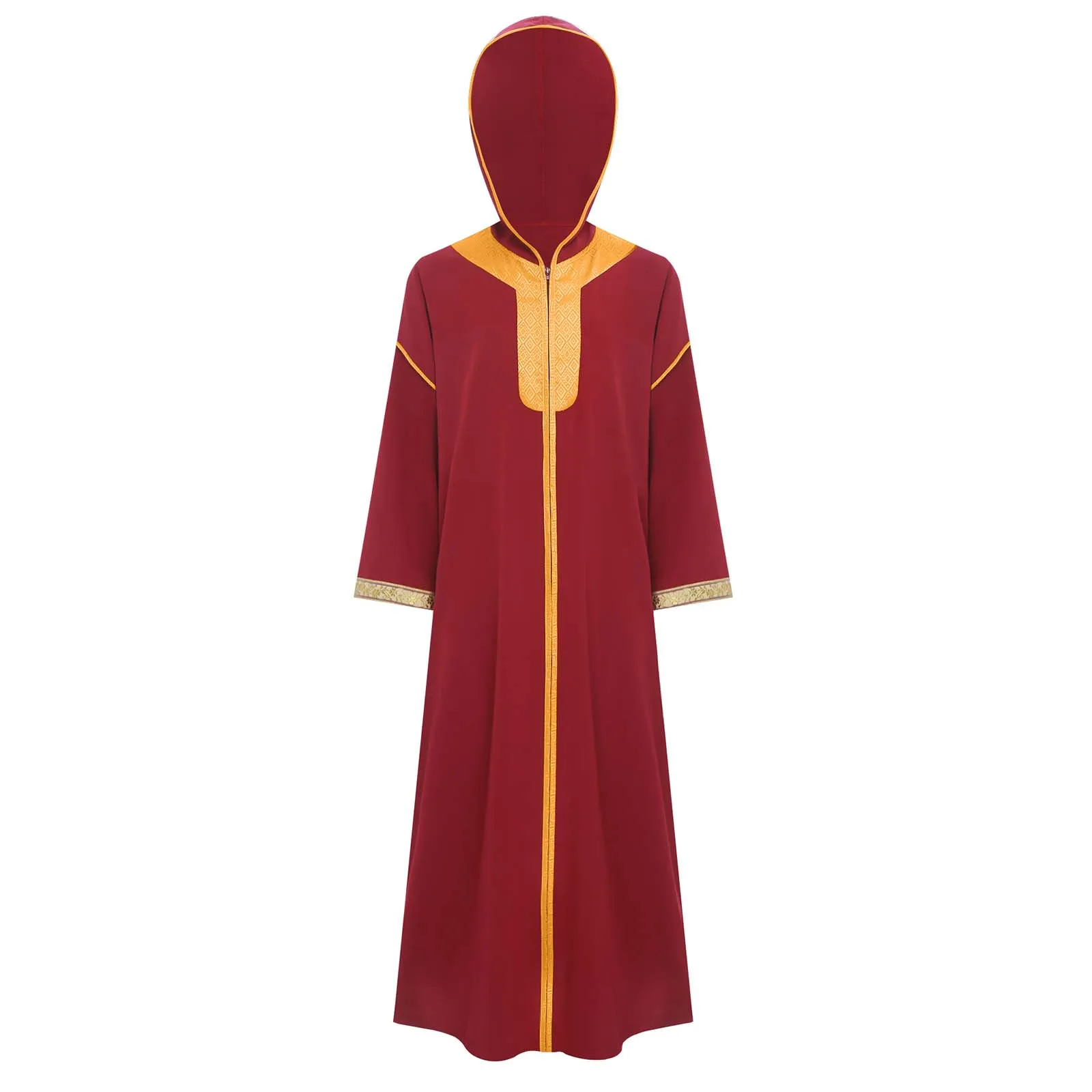 Kids Abaya Muslim Costume Hooded Front Zip Robe Gold Embroidery Maxi Kaftan Arab Gown Islamic Robe Middle East Prayer Clothes
