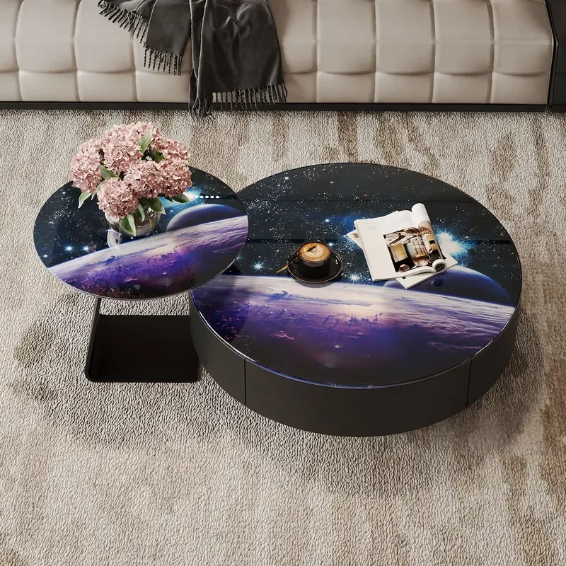 Starry Sky Tempered Glass Coffee Table Round Living Room Home High End Design Simple Combination With Drawer Storage