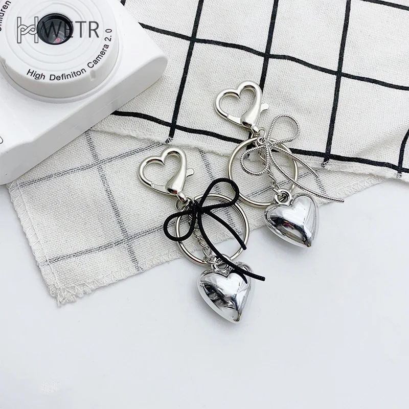 Y2K Silver Color Metal Keychain Simple Bowknot Heart Keyring Car Key Holder Backpack Pendant Bag Hanging Decoration