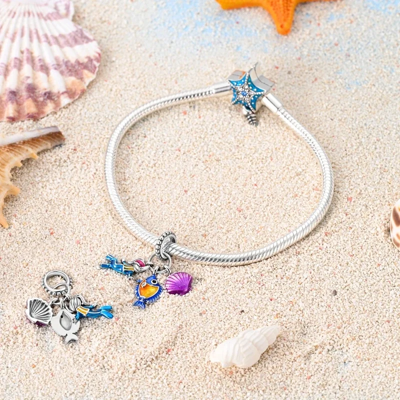 Colgante de plata de ley 925 para mujer, abalorio con forma de corazón y estrella de mar, compatible con pulsera Pandora Original, fabricación de joyas