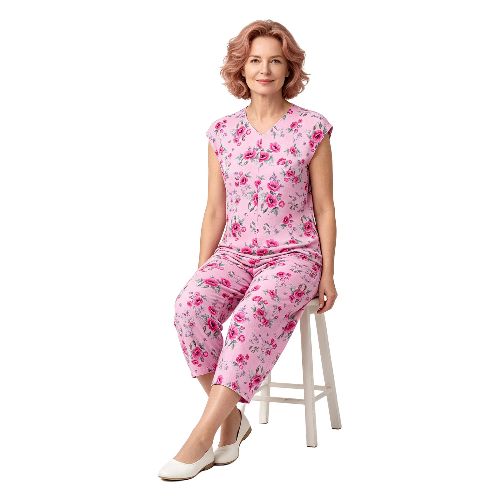 Women's Adaptive Pyjamas V-neck Sleeveless Zipper Printed Jumpsuit Special Needs Clothing Elderly Alzheimer Nursing Homewear