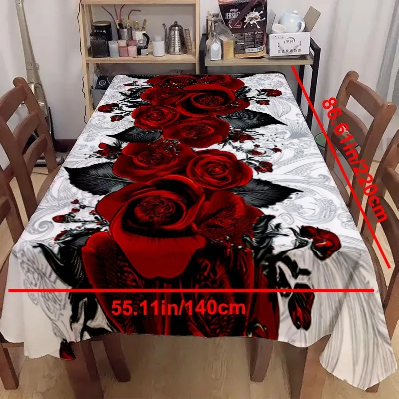 1pc Tablecloth, Black Leaves And Red Rose Floral Design, Square Polyester Fabric, Perfect for Valentine'S Day Celebrations, Various Events And Camping Kitchen, Universal Decor for Parties Throughout The Year