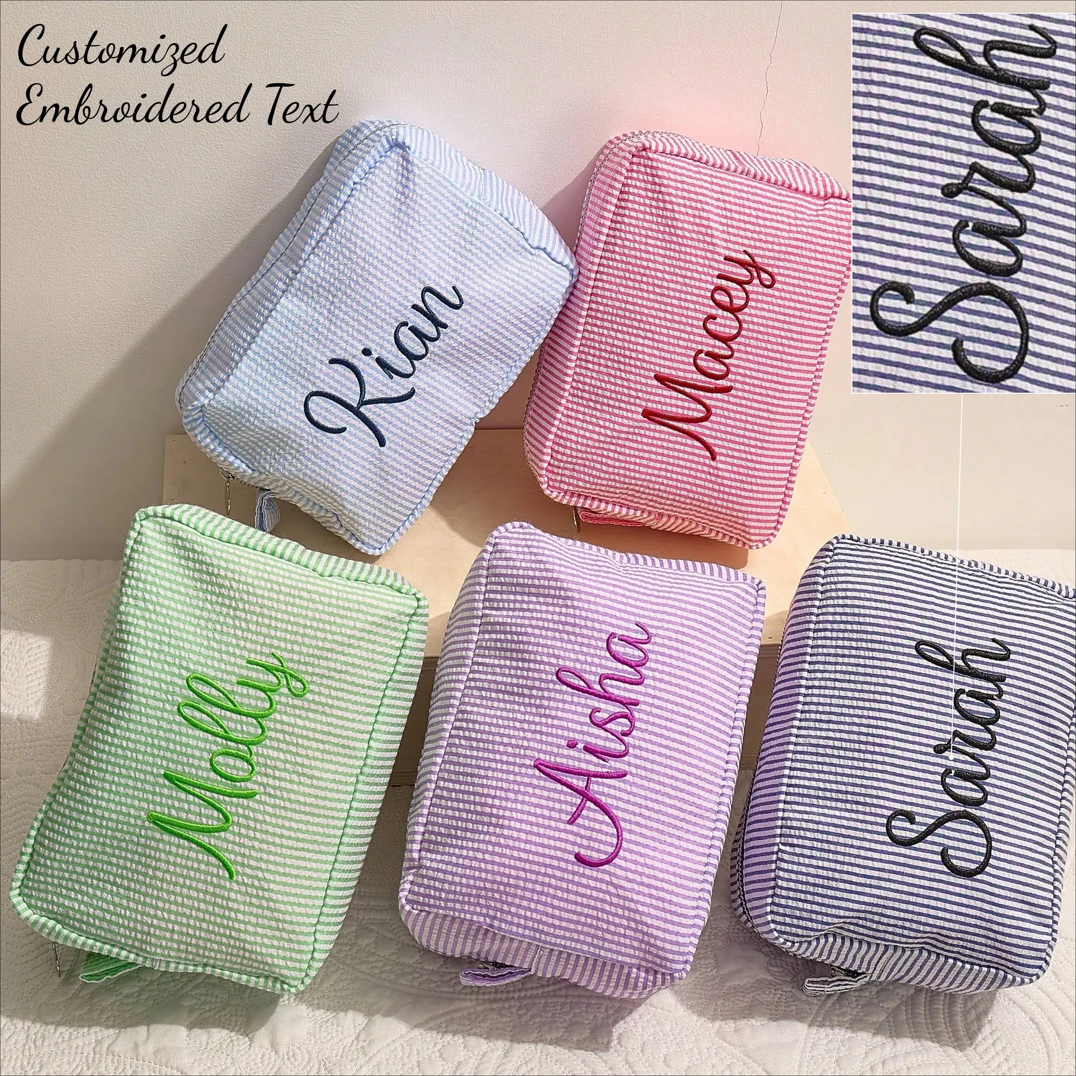 Personalisierte gestreifte Kosmetiktasche mit individueller Textstickerei, tragbare Reisewaschtasche, Aufbewahrungsbeutel für DIY-Make-up und Hautpflege