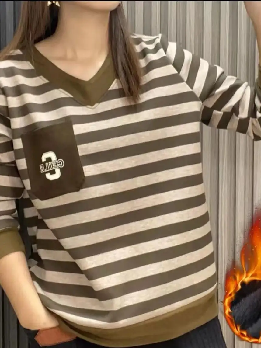 Thiened Fce Hoodie Dames Casual Basislaag T-shirt Herfst Winter Losse Vrije tijd Streep Top voor moeders van middelbare leeftijd