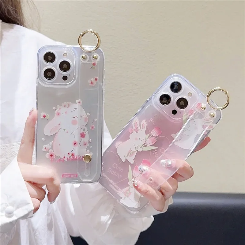 for Huawei Pura 70 Pro P60 P50 P40 P30 P20 Lite Mate 20 Case Cute Flower Rabbit Transparent Phone Holder Wrist Strap Cover Fudna