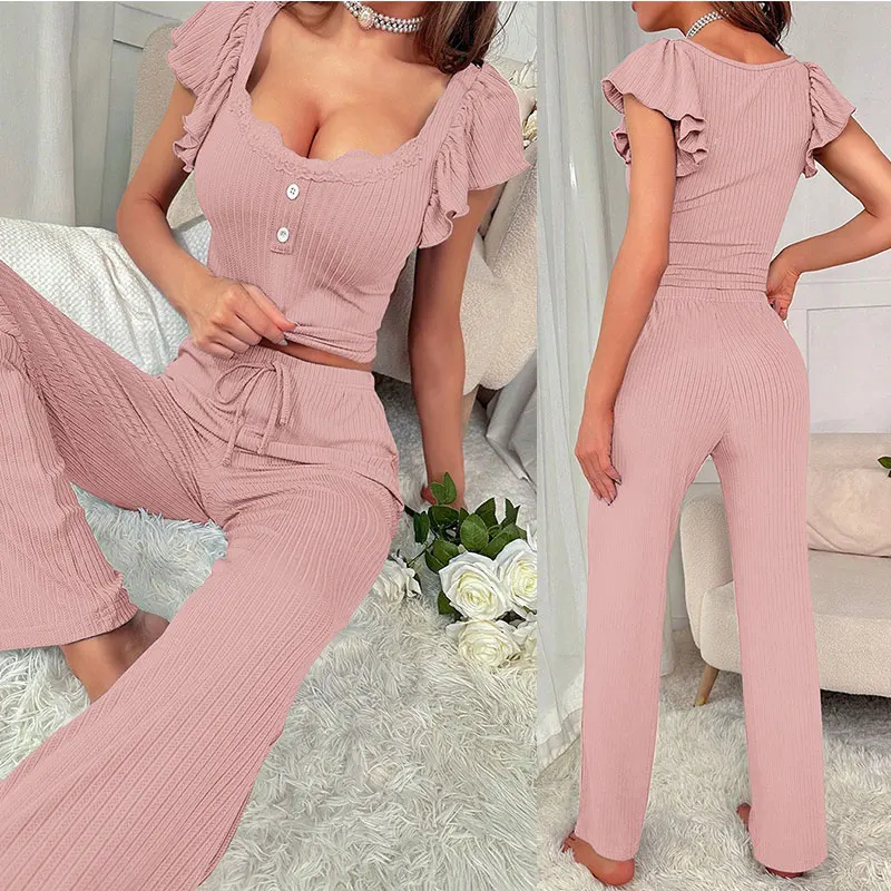 

Casual Short Sleeve Sleepwear Set for Women Stripe Pattern Thin Material V-Neck Home Clothes Long Pants Short Style Autumn Winte