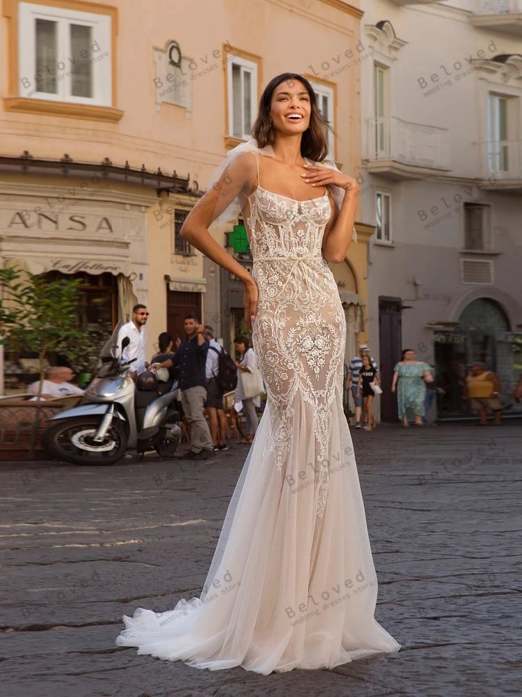 Robe de Mariée Élégante, Vintage, Fourreau, Sirène, Dentelle, Appliques, Sexy, Bretelles Spaghetti, Dos aux, pour Mariées