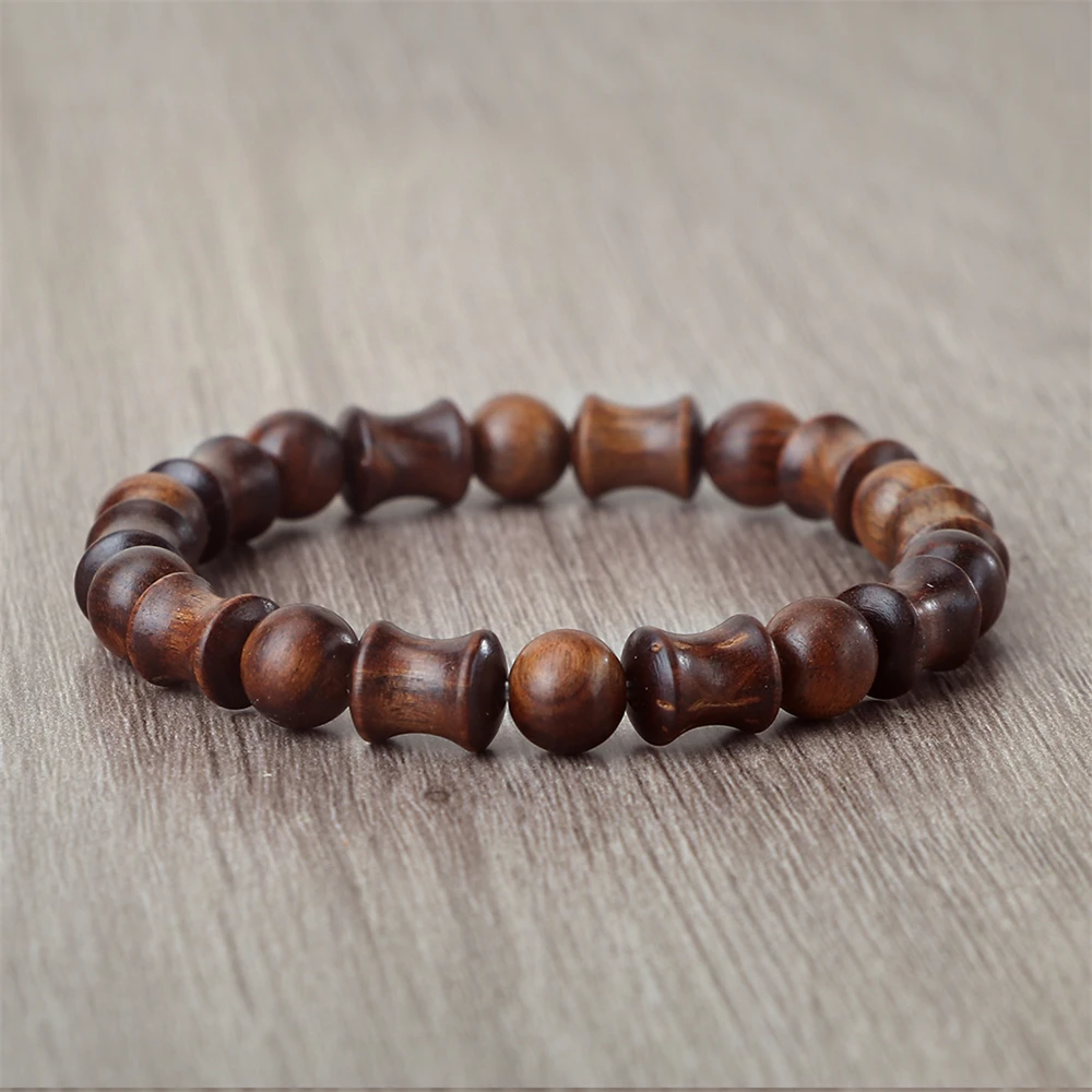 Natural Green Sandalwood Bracelets 8mm Ball and Bamboo Shaped Beads Space Bangles For Women Men Handmade Jewelry Gifts Buddhist