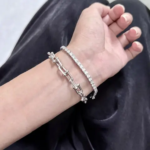 S925 Sterling Silver Fully Diamonds Tennis Bracelet 5A Grade CZ CNC Plated 18K Gold Simple Link Chain Bracelet