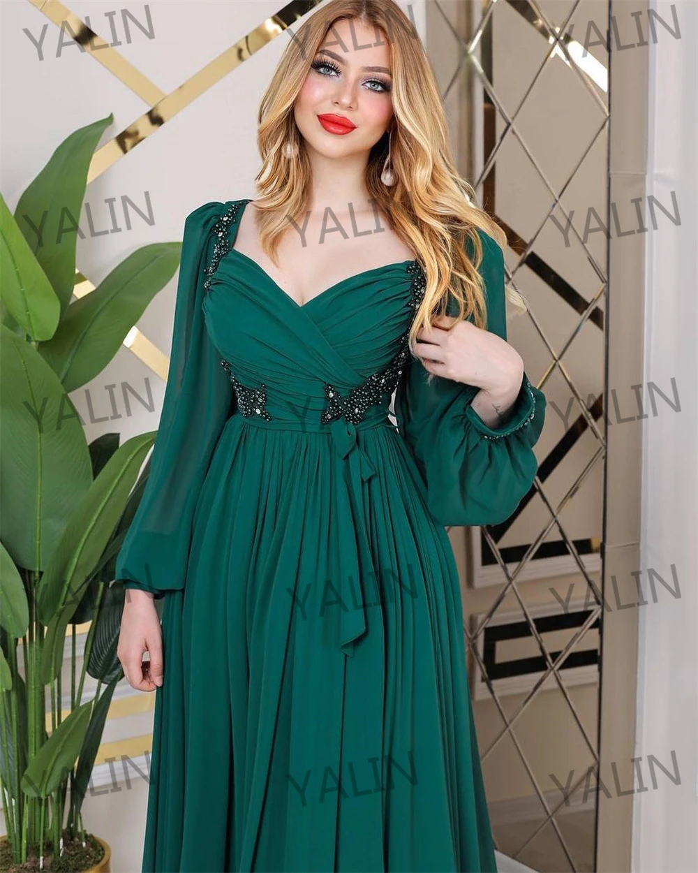 CustomizedLong Sleeve A-line Illusion Sweetheart Neck Prom Gown Chiffon Lace High Slit Pleat Evening Dresses for Women فساتين ال