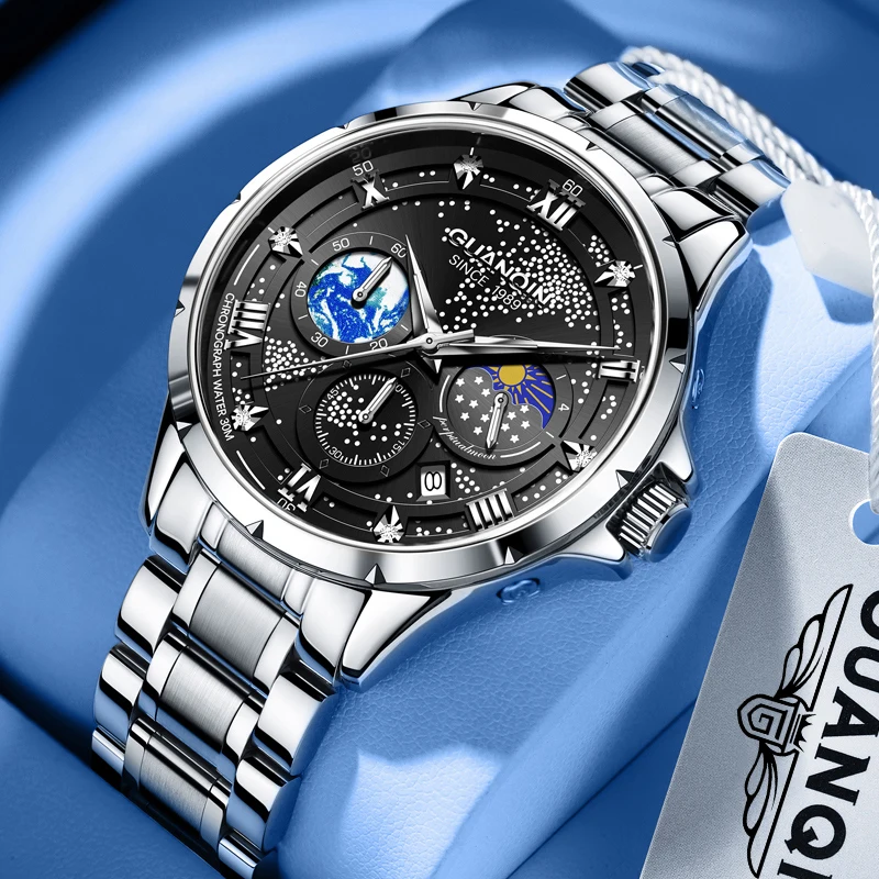 GUANQIN Luxury Men Quartz Watch Star Series Stainless Steel Alloy Case Date Business Leisure 30M Waterproof Luminous Wristwatch