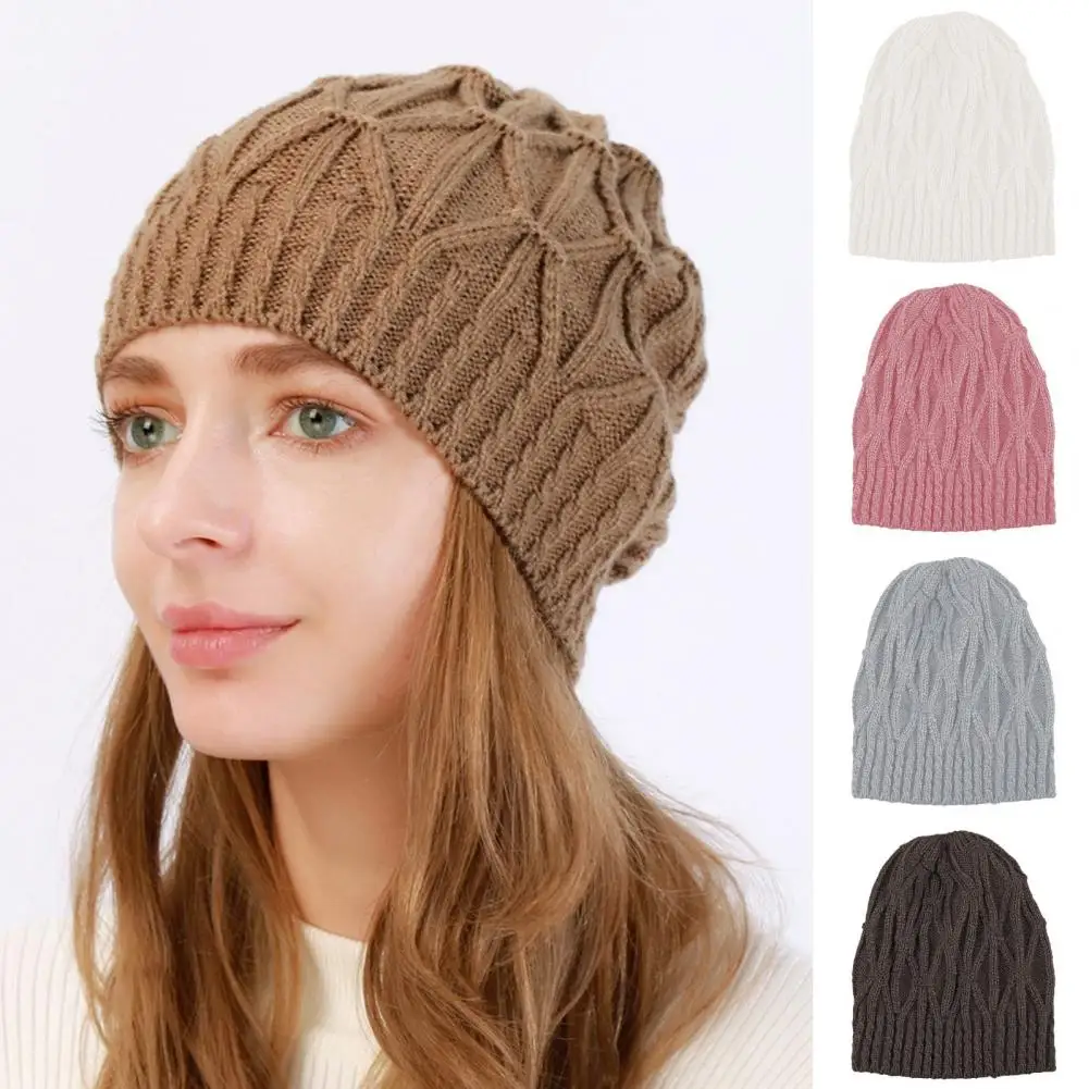 Autumn Winter Women Warm Knitted Hat Solid Color Twist Texture Thermal Hat Single Layer Tightly Knitted Thick Winter Hats