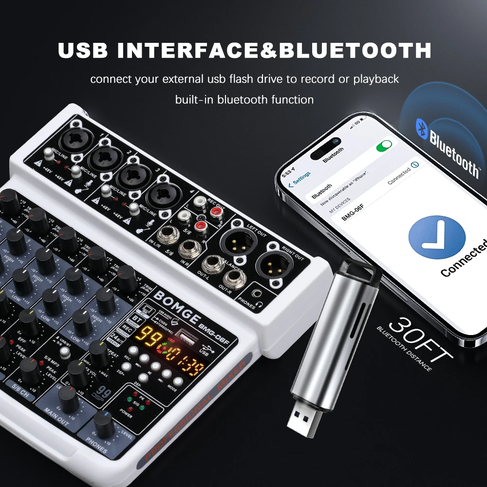 BOMGE 6 Channel 99 DSP Mini DJ Audio Sound Mixer Interface with MP3 USB Bluetooth Stereo Recording 48V Phantom Power for Karaoke