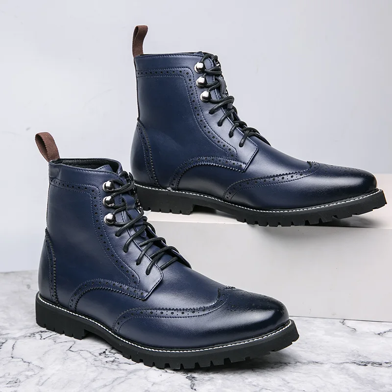 Classic Business Men's Brogue Boots British Style High Top Blue Dress Shoes Man Pointed Leather Ankle Boots For Men Plus Size 48