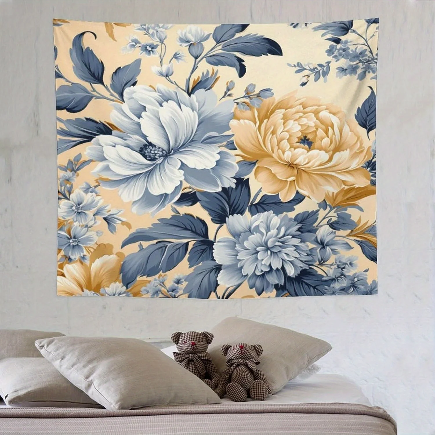 

1 шт. синий и золотой гобелен с цветочным принтом, полиэфирная ткань, можно стирать в машине, подходит для спальни, гостиной или общежития.